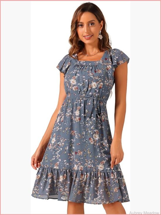Dresses & Skirts - Midi Floral Chiffon Dress Flutter Sleeve Square Neck Belted Ruffled